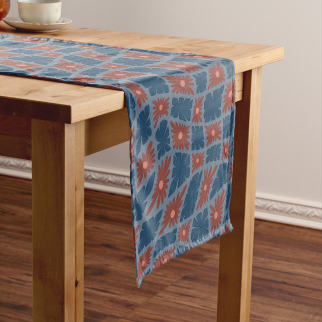 Groovy Wavy Trippy 60s Flower Checks Blue Red Short Table Runner (In Situ)