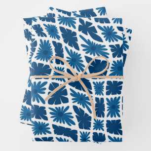 Groovy Wavy Trippy 60s Flower Checks Blues Wrapping Paper Sheets