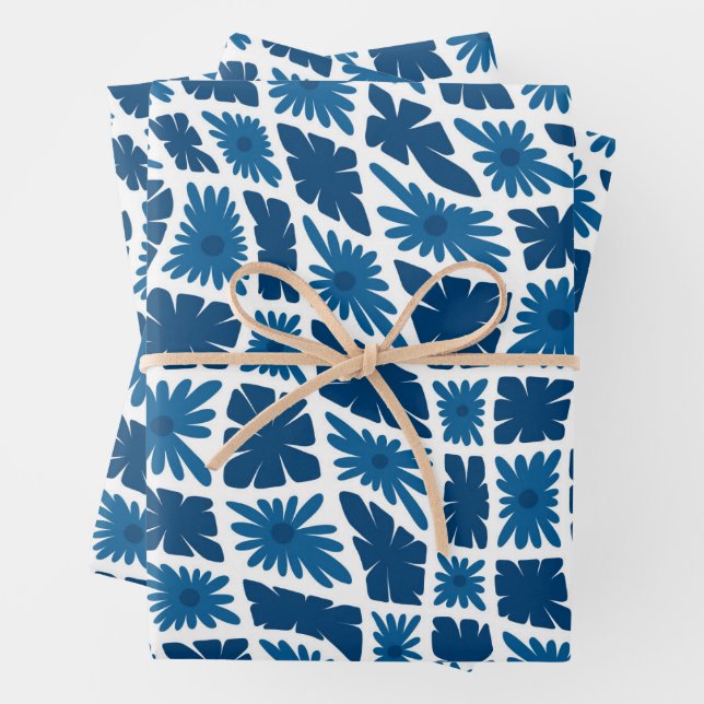 Groovy Wavy Trippy 60s Flower Checks Blues Wrapping Paper Sheets (In situ)