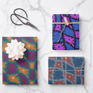 Groovy Wavy Trippy 60s Flower Checks Multicolored Wrapping Paper Sheets