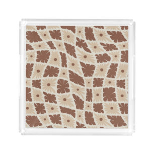 Groovy Wavy Trippy 60s Flower Checks Neutral Brown Acrylic Tray