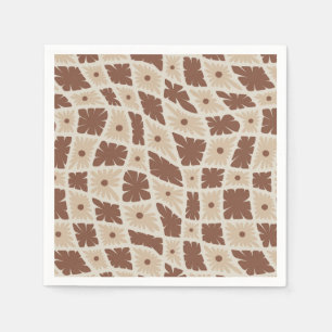 Groovy Wavy Trippy 60s Flower Checks Neutral Brown Napkins