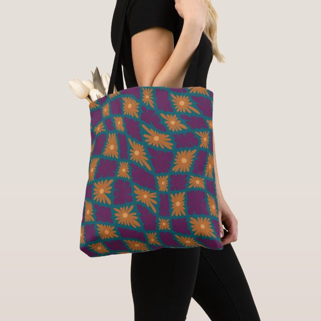 Groovy Wavy Trippy 60s Flower Checks Orange Pink Tote Bag (Close Up)