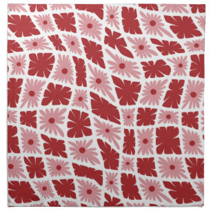 Groovy Wavy Trippy 60s Flower Checks Red Pink Cloth Napkin
