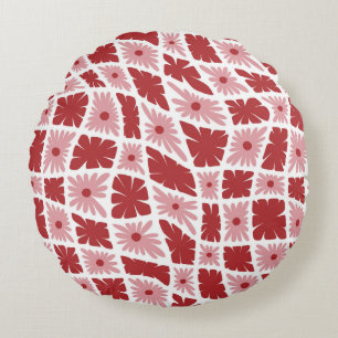 Groovy Wavy Trippy 60s Flower Checks Red Pink Round Pillow
