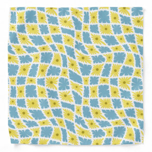 Groovy Wavy Trippy 60s Flower Checks Yellow Blue Bandana
