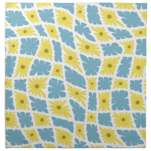 Groovy Wavy Trippy 60s Flower Checks Yellow Blue Cloth Napkin
