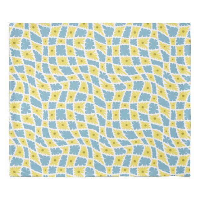 Groovy Wavy Trippy 60s Flower Checks Yellow Blue Duvet Cover (Front)