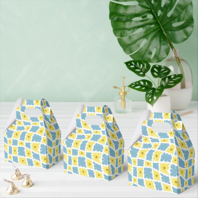 Groovy Wavy Trippy 60s Flower Checks Yellow Blue Favor Boxes (Multiple)