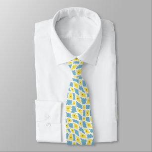 Groovy Wavy Trippy 60s Flower Checks Yellow Blue Neck Tie