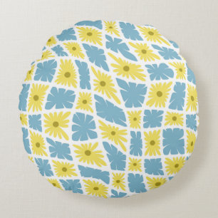 Groovy Wavy Trippy 60s Flower Checks Yellow Blue Round Pillow