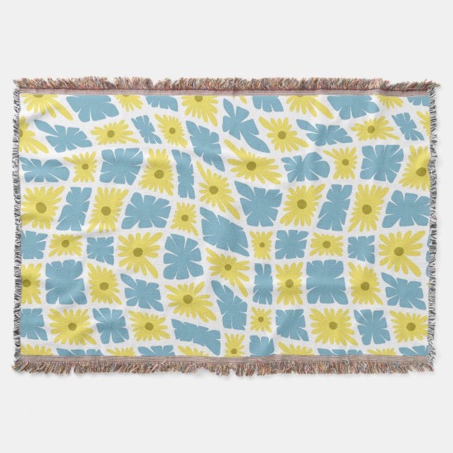 Groovy Wavy Trippy 60s Flower Checks Yellow Blue Throw Blanket (Front)