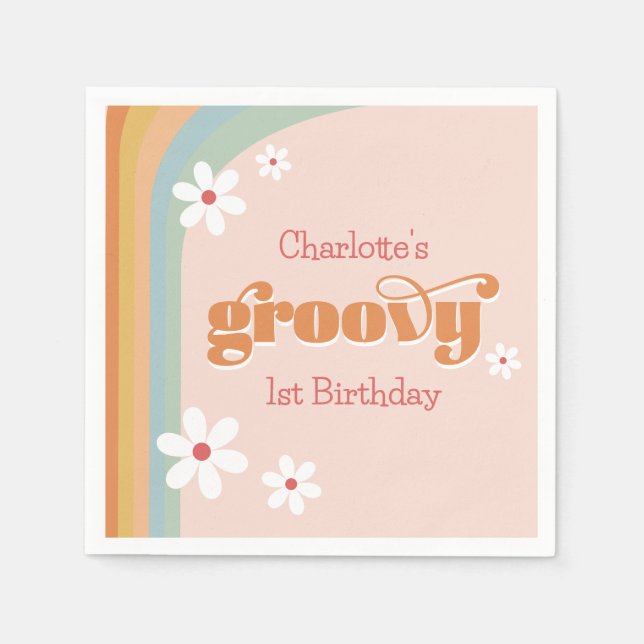 Groovy White Daisies Girl's 1st Birthday Party Napkins (Front)