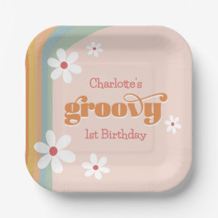 Groovy White Daisies Girl's 1st Birthday Party Paper Plates