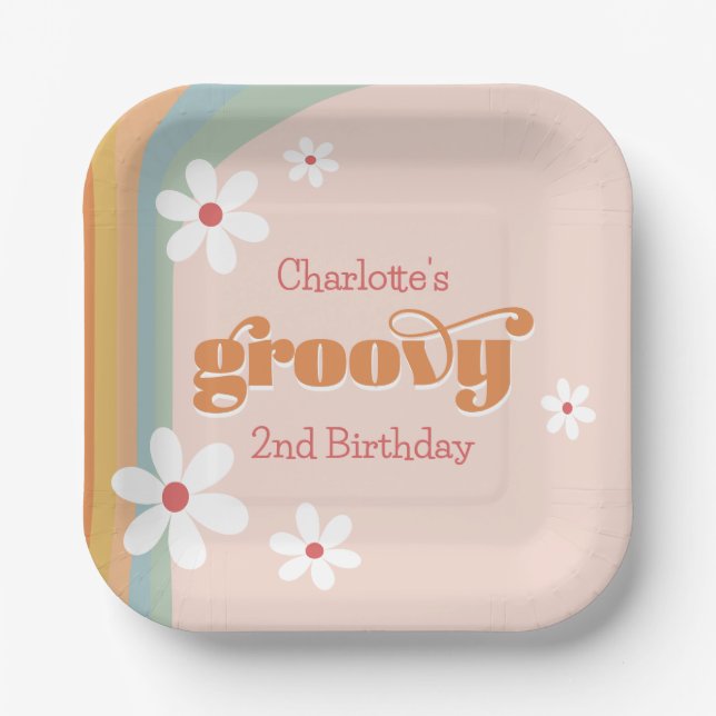 Groovy White Daisies Girl's 2nd Birthday Party Paper Plates (Front)