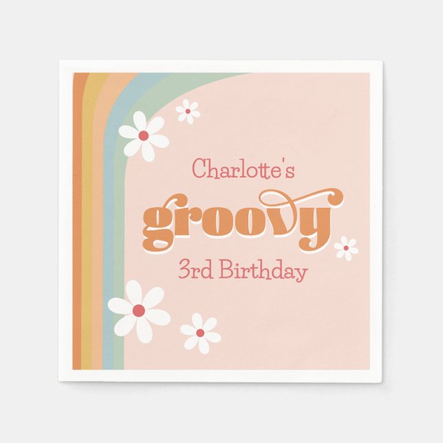 Groovy White Daisies Girl's 3rd Birthday Party Napkins (Front)