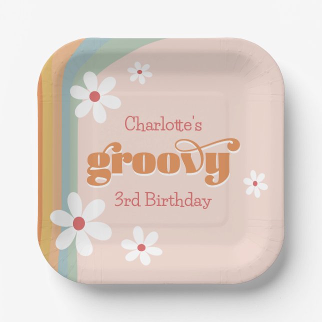 Groovy White Daisies Girl's 3rd Birthday Party Paper Plates (Front)
