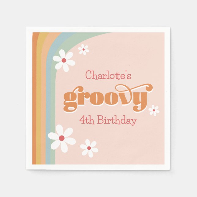 Groovy White Daisies Girl's 4th Birthday Party Napkins (Front)