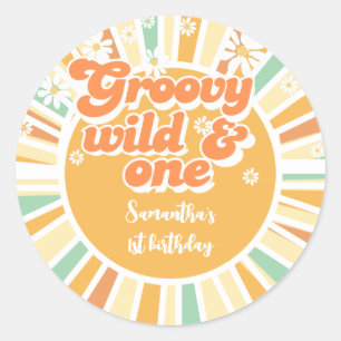 Groovy wild and one retro sun kids birthday classic round sticker