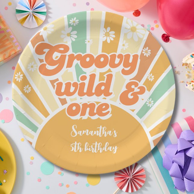 Groovy wild and one retro sun kids birthday paper plates (Creator Uploaded)