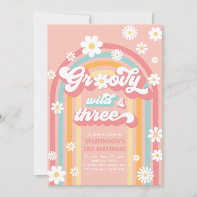 Groovy Wild And Three Boho Daisy Rainbow Birthday Invitation (Front)