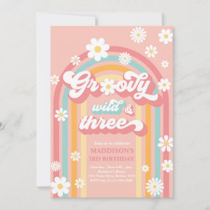 Groovy Wild And Three Boho Daisy Rainbow Birthday Invitation