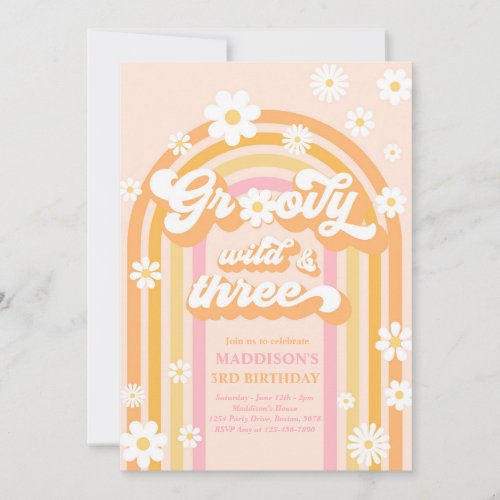 Groovy Wild And Three Boho Daisy Rainbow Birthday Invitation