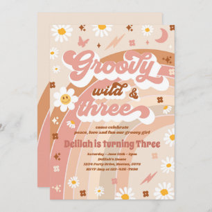 Groovy Wild And Three Hippie 3rd Birthday Party Invitation
