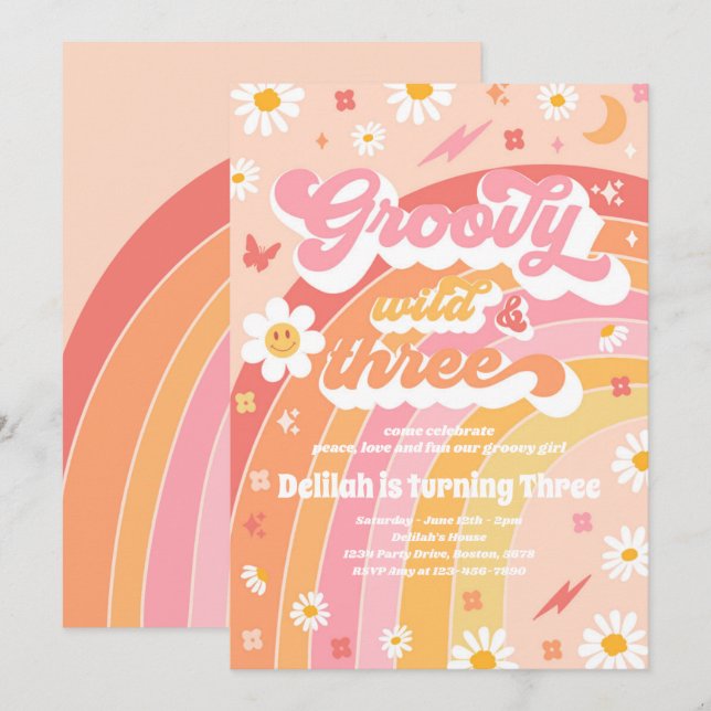 Groovy Wild And Three Hippie 3rd Birthday Party Invitation (Front/Back)