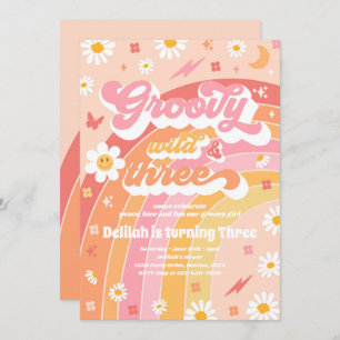 Groovy Wild And Three Hippie 3rd Birthday Party Invitation