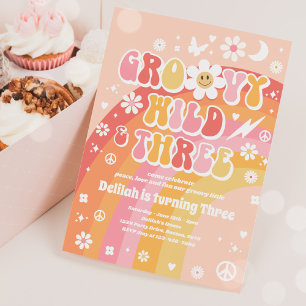 Groovy Wild And Three Hippie 3rd Birthday Party Invitation