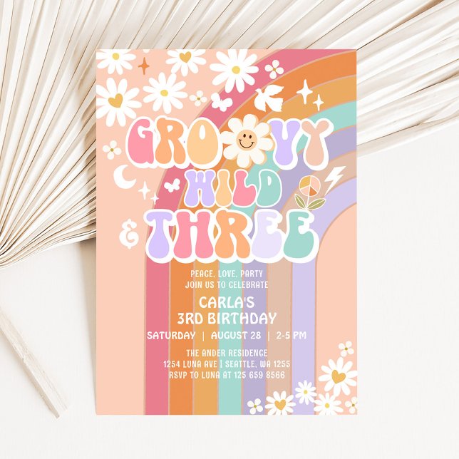 Groovy Wild and Three Hippie Retro 3rd Birthday Invitation (Creator Uploaded)