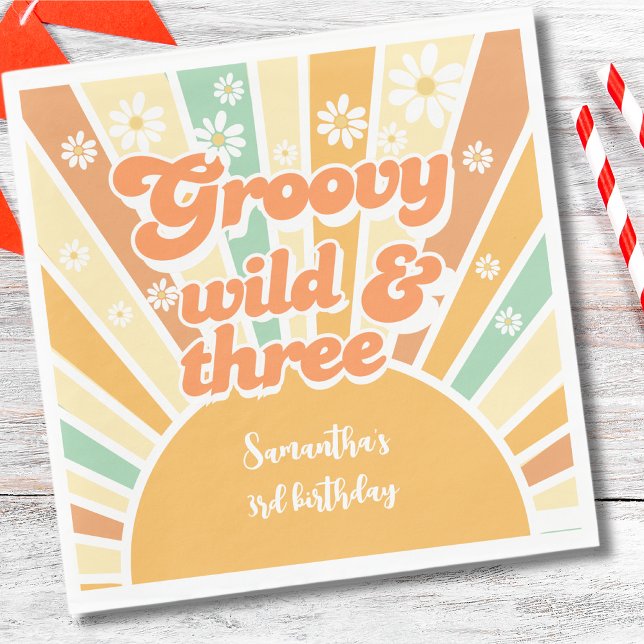 Groovy wild and three retro sun kids birthday napkins (Creator Uploaded)