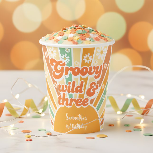 Groovy wild and three retro sun kids birthday paper cups (Creator Uploaded)