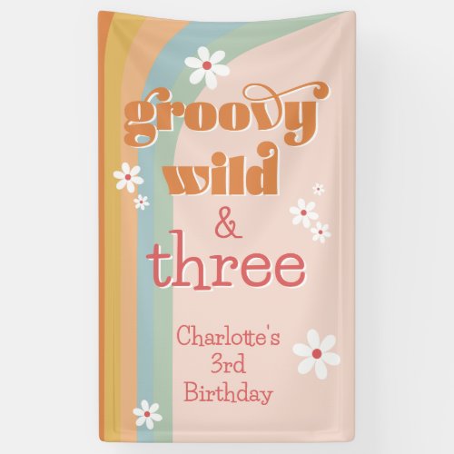 Groovy Wild and Three White Daisy Girls Birthday Banner