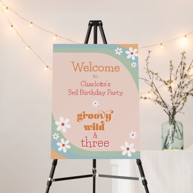 Groovy Wild & Three Daisy Girl's Birthday Welcome Foam Board (In Situ (Stand))