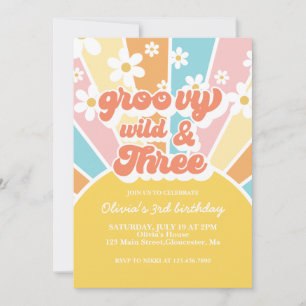 Groovy Wild Three Retro Sunshine Rainbow Daisy Invitation