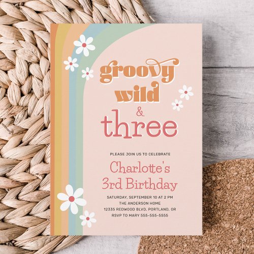 Groovy Wild White Daisies Girls 3rd Birthday Invitation