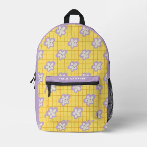 Groovy Yellow Purple Modern Floral Personalized Printed Backpack