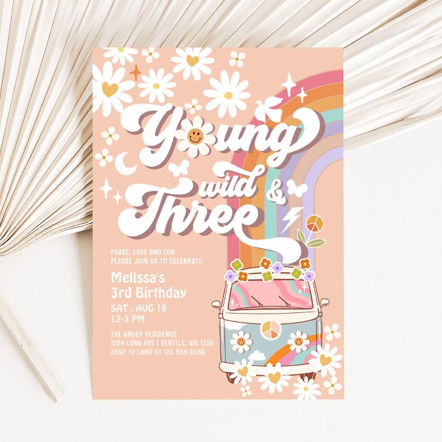 Groovy Young Wild and Three 3rd Birthday Invitation (Creator Uploaded)