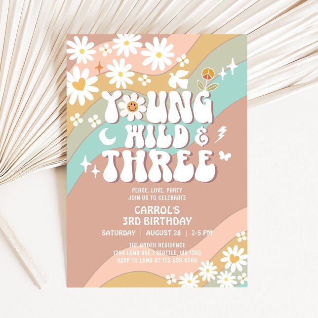 Groovy Young Wild and Three 3rd Birthday Invitation (Creator Uploaded)