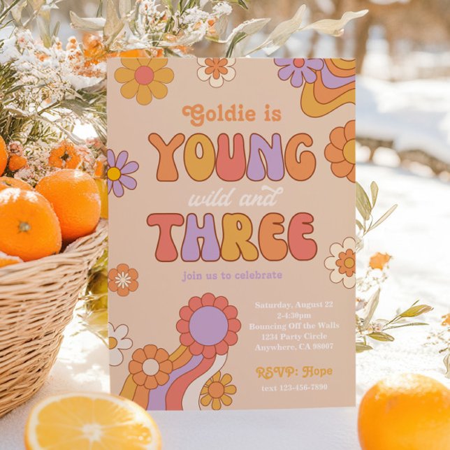 Groovy Young Wild and Three Birthday Invitation (Creator Uploaded)