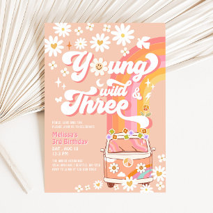 Groovy Young Wild and Three Daisy 3rd Birthday Invitation