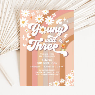 Groovy Young Wild and Three Mauve 3rd Birthday Invitation