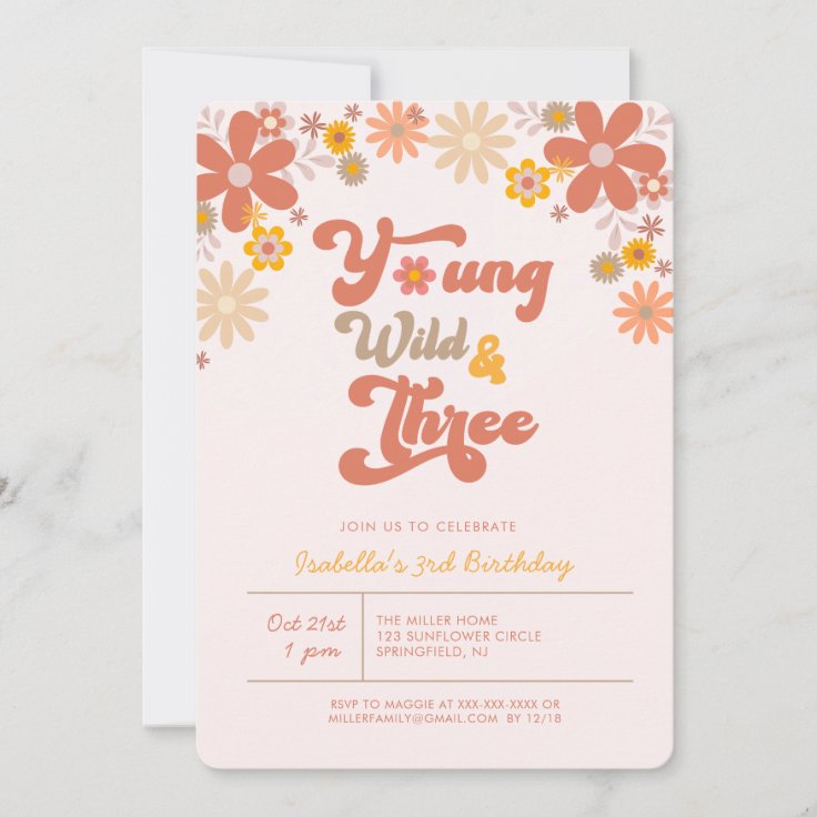 Groovy Young Wild & Three 3rd Birthday Invitation Zazzle