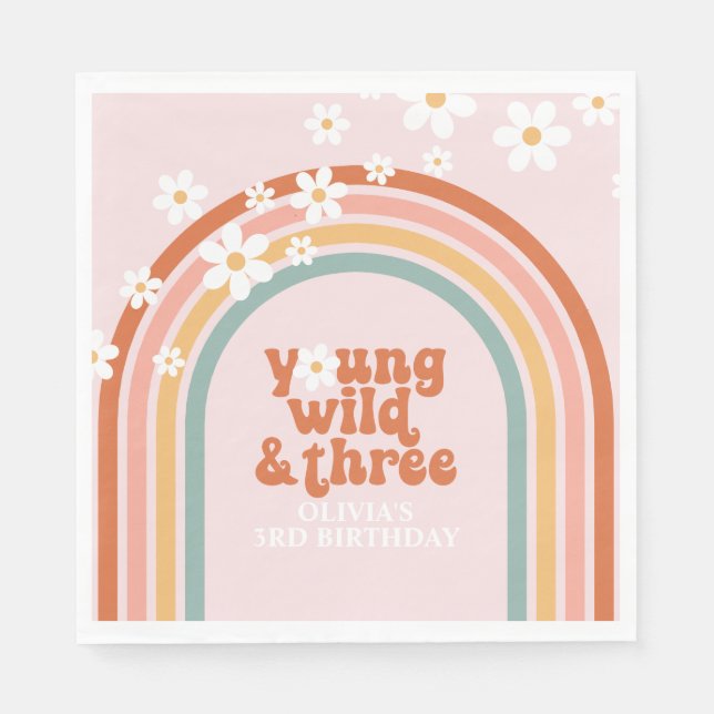 Groovy Young Wild Three daisy rainbow 3rd birthday Napkins (Front)