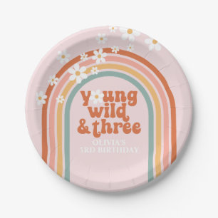 Groovy Young Wild Three daisy rainbow 3rd birthday Paper Plates