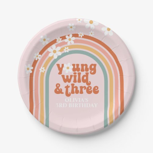 Groovy Young Wild Three daisy rainbow 3rd birthday Paper Plates