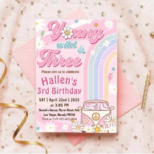 Groovy Young Wild & Three Rainbow 3rd Birthday Invitation