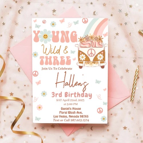 Groovy Young Wild  Three Rainbow 3rd Birthday Invitation